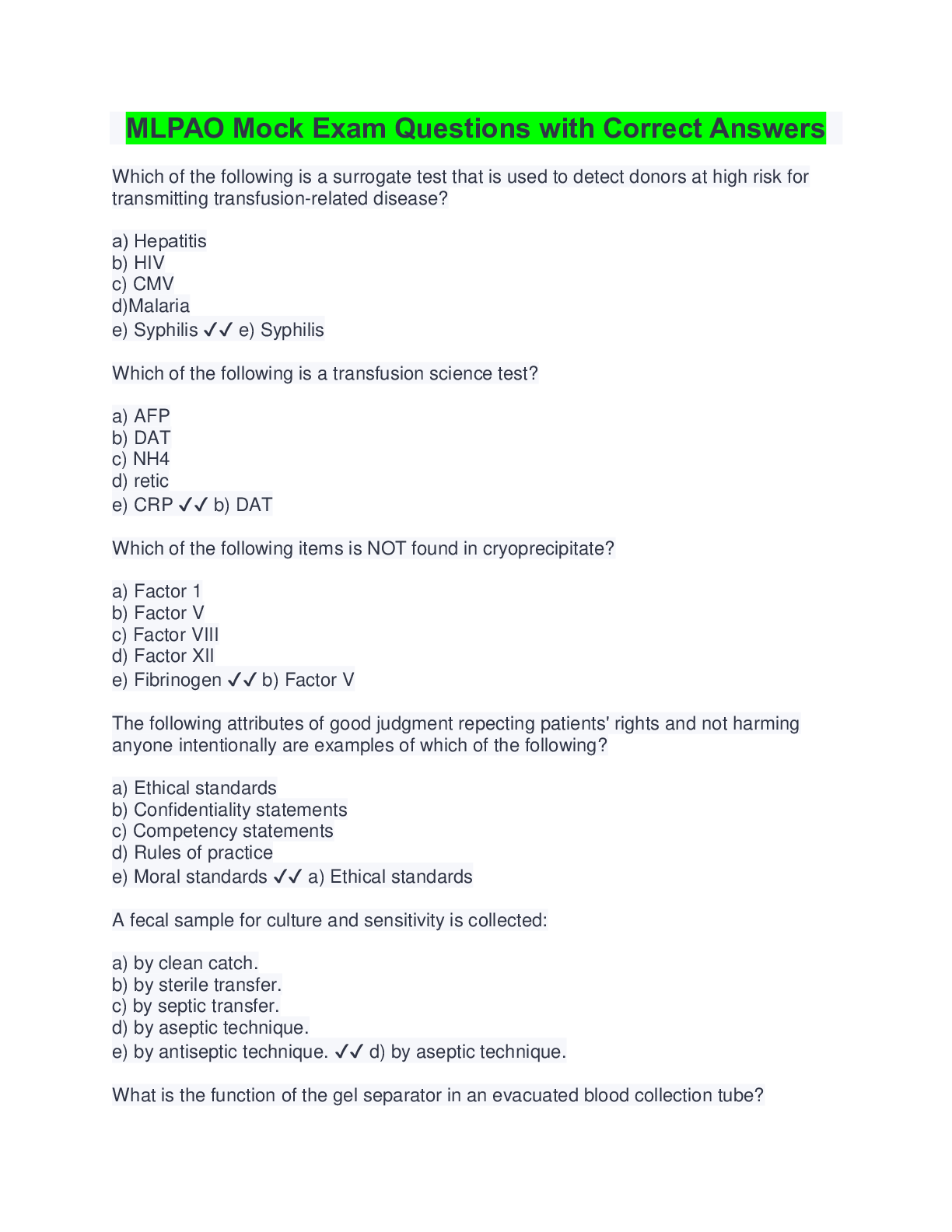 Preview image for MLPAO Mock Exam Questions with Correct Answers